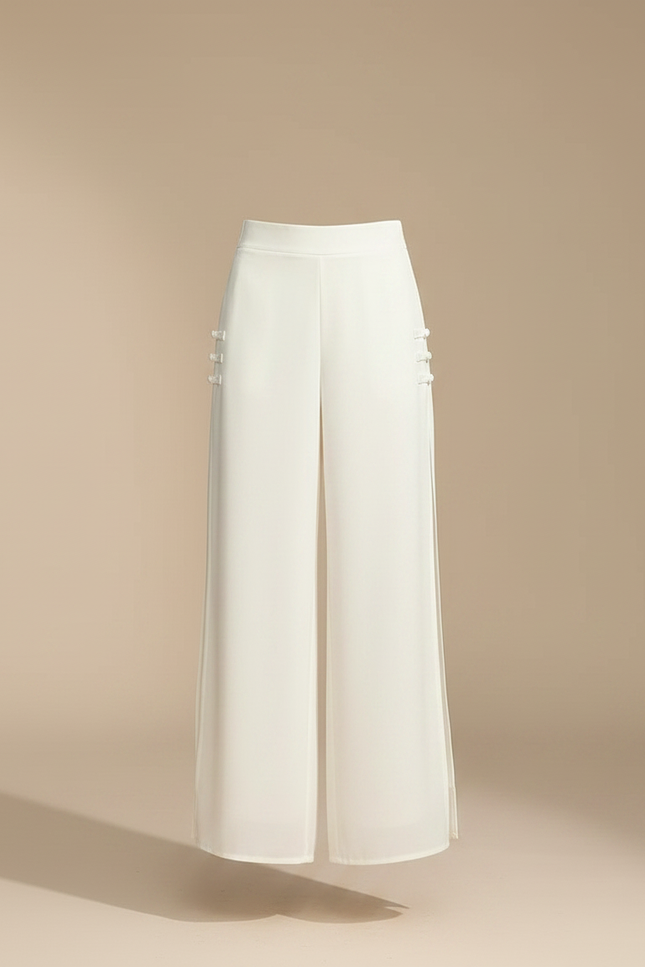 Pantalon Chinois Fluide Écru Fendu Élégant Chiffon - Blanc Polyester - vue 3