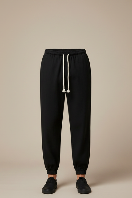 Pantalon Chinois Noir Coton Ample Décontracté Cordon - vue 3