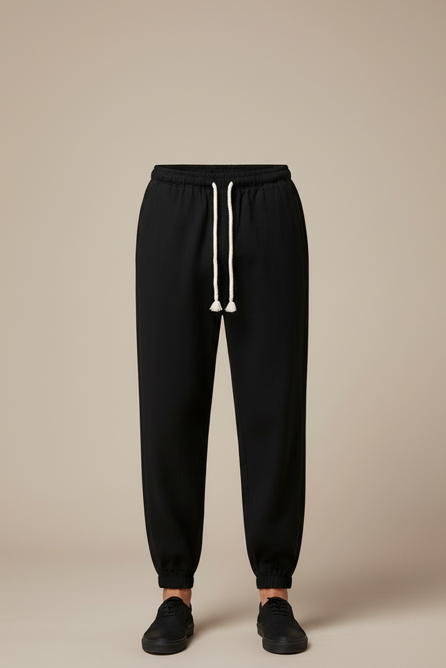 Pantalon Chinois Noir Coton Ample Décontracté Cordon - vue 3