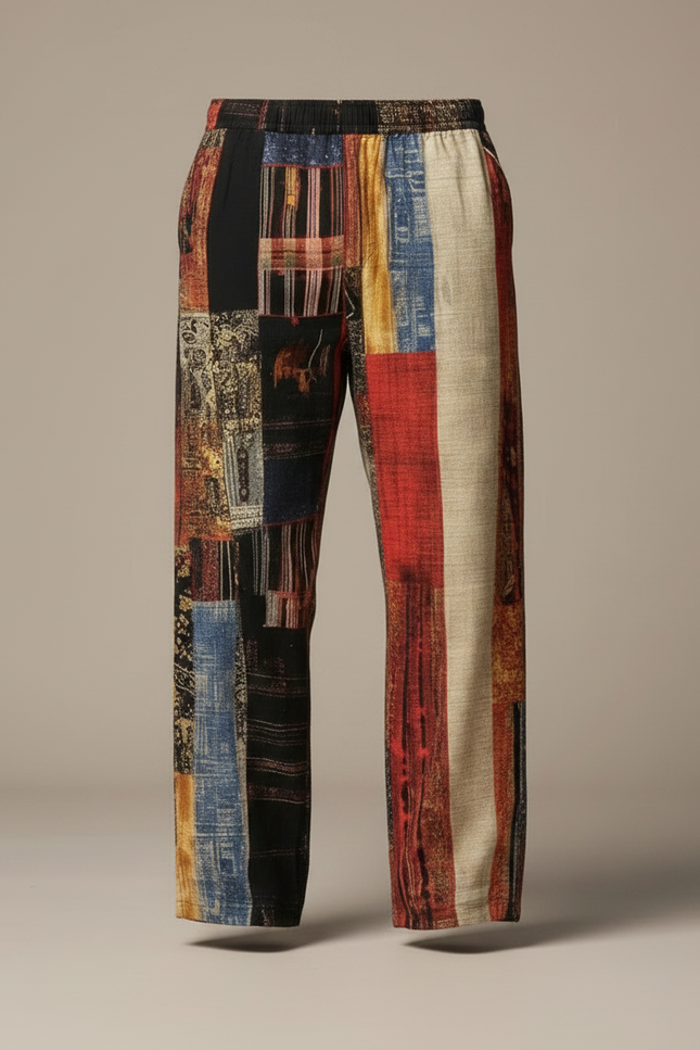 Pantalon Chinois Patchwork Ethnique Ample Lin Homme - Multicolore - vue 3