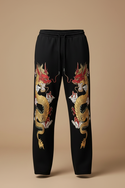 Pantalon Chinois Noir Dragon Doré Ample Décontracté - Molleton - vue 3