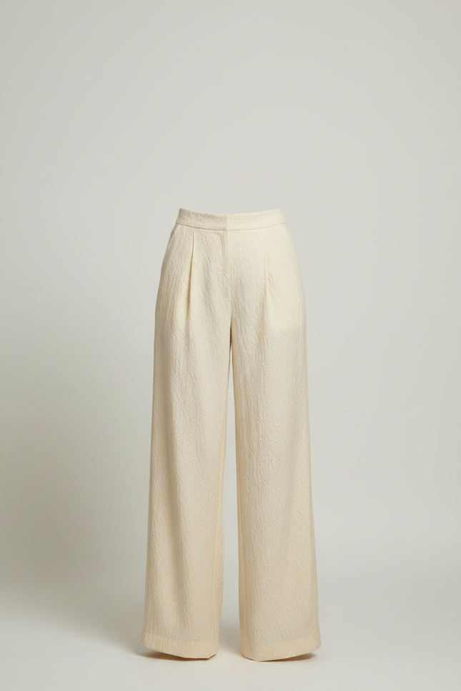 Pantalon Chinois Crème Jacquard Ample Texturé Élégant - Beige Polyester - vue 3