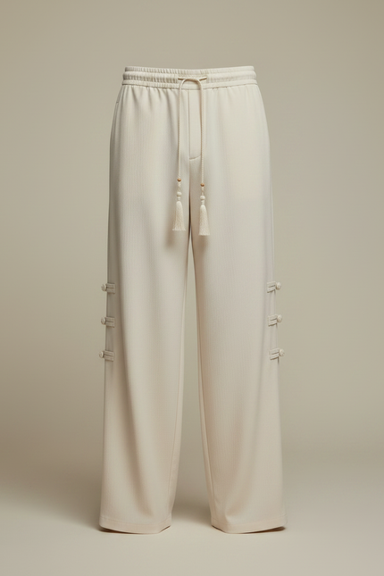 Pantalon Chinois Crème Ample Tassels Boutons Décontracté - Beige Lin - vue 3