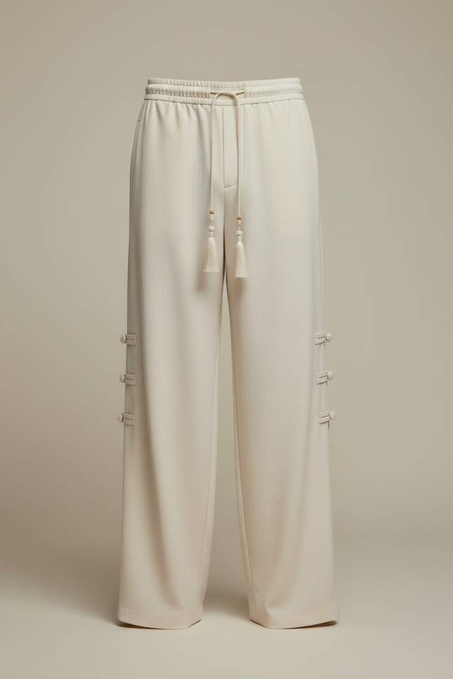 Pantalon Chinois Crème Ample Tassels Boutons Décontracté - Beige Lin - vue 3