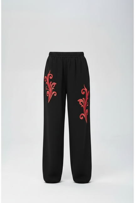 Pantalon Chinois Noir Ample Brodé Rouge Enfant - Molleton - vue 3
