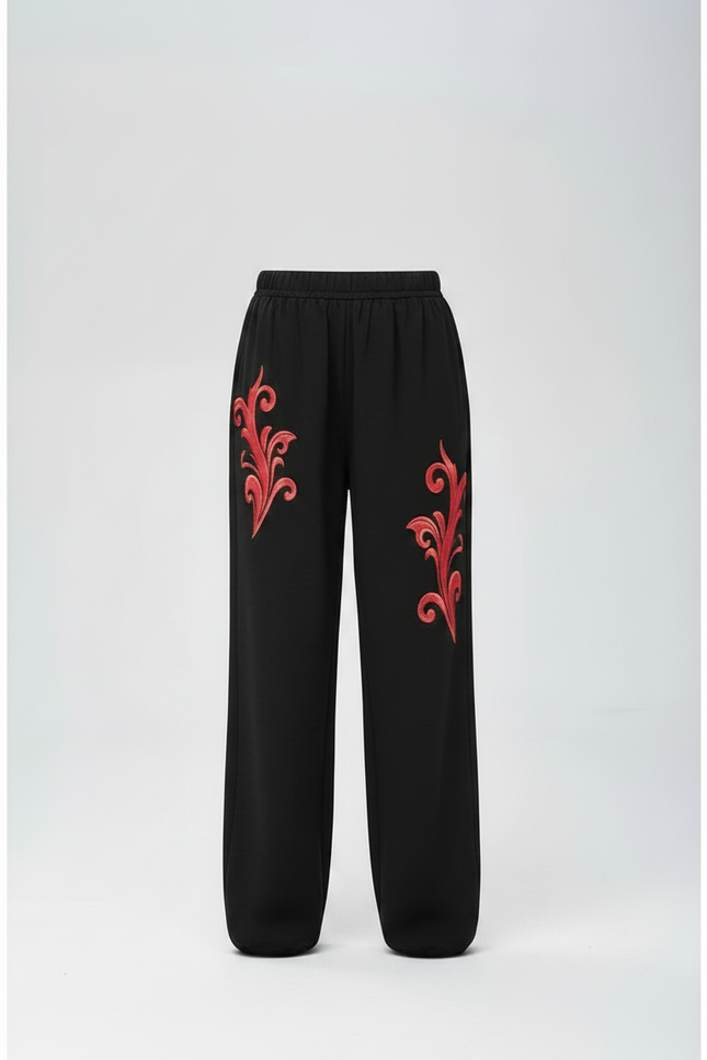 Pantalon Chinois Noir Ample Brodé Rouge Enfant - Molleton - vue 3