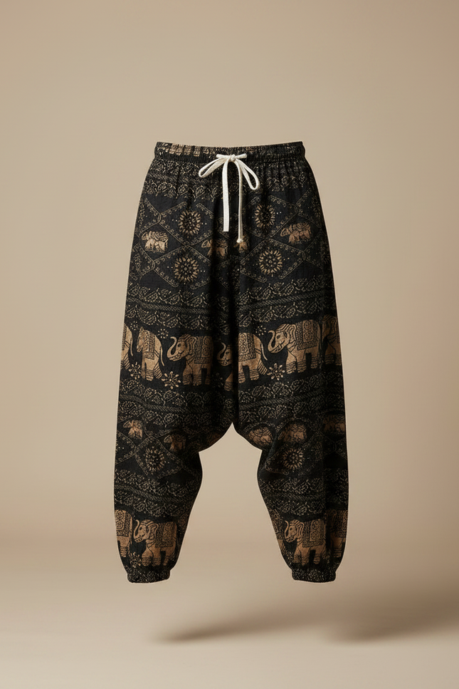 Pantalon Chinois Noir Éléphants Harem Coton Ample Décontracté - vue 3