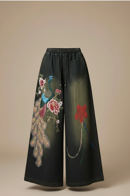 Pantalon Chinois Brodé Paon Ample Large Femme - Noir Jean - vue 3