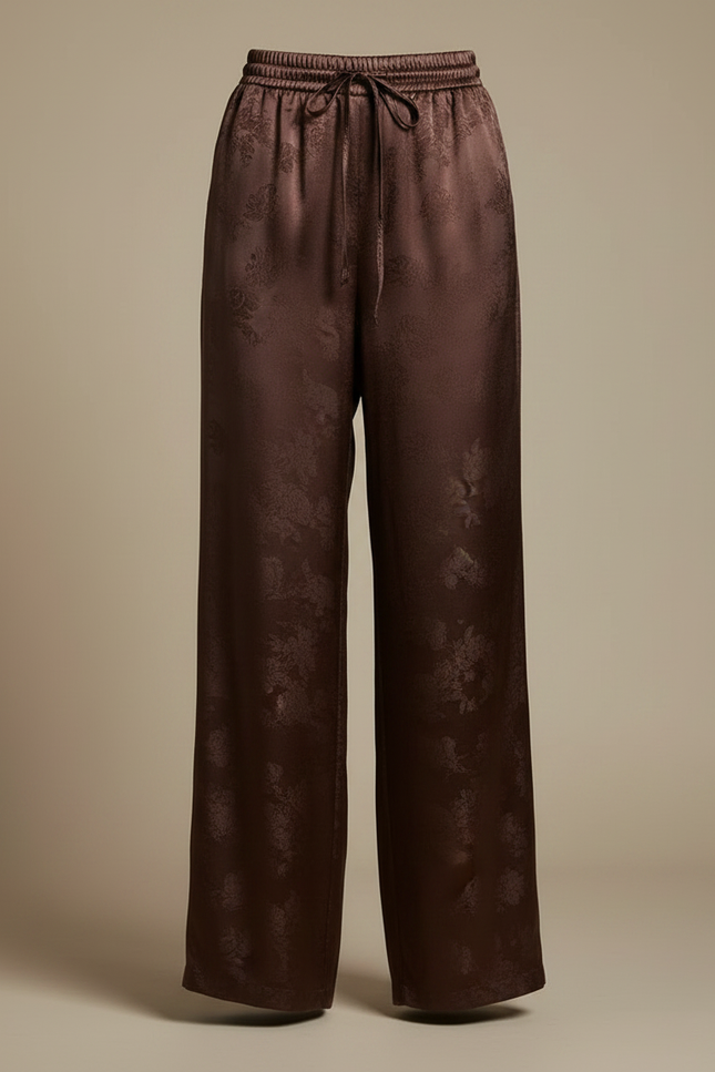 Pantalon Chinois Marron Satin Jacquard Ample Fluide - vue 3