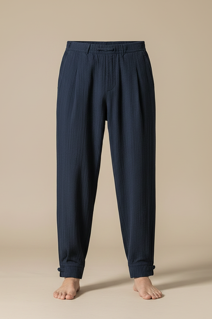 Pantalon Chinois Bleu Marine Plissé Ample Coton Lin - vue 3