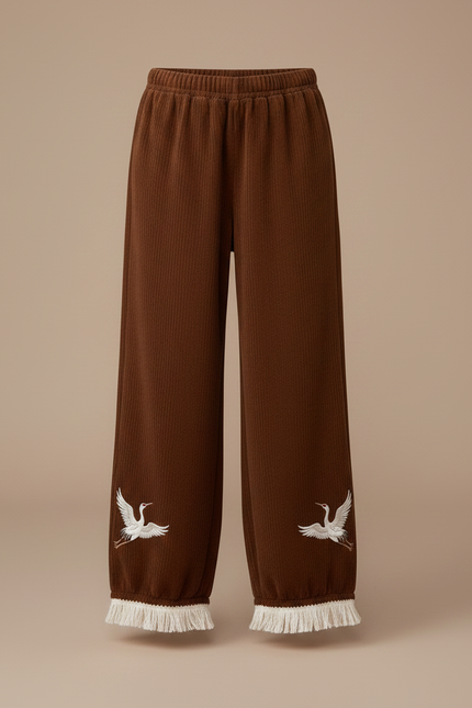 Pantalon Chinois Marron Côtelé Brodé Frangé Ample Enfant - Cordé - vue 3