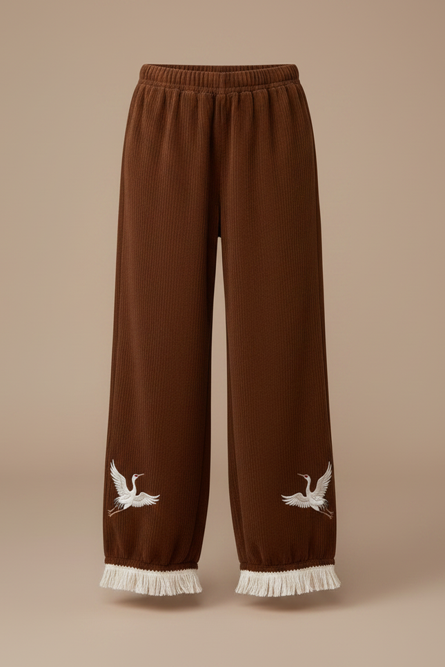 Pantalon Chinois Marron Côtelé Brodé Frangé Ample Enfant - Cordé - vue 3