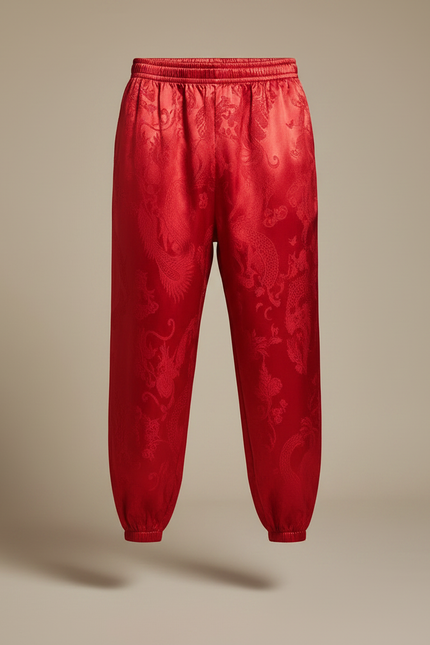 Pantalon Chinois Rouge Soie Dragon Ample Homme - vue 3