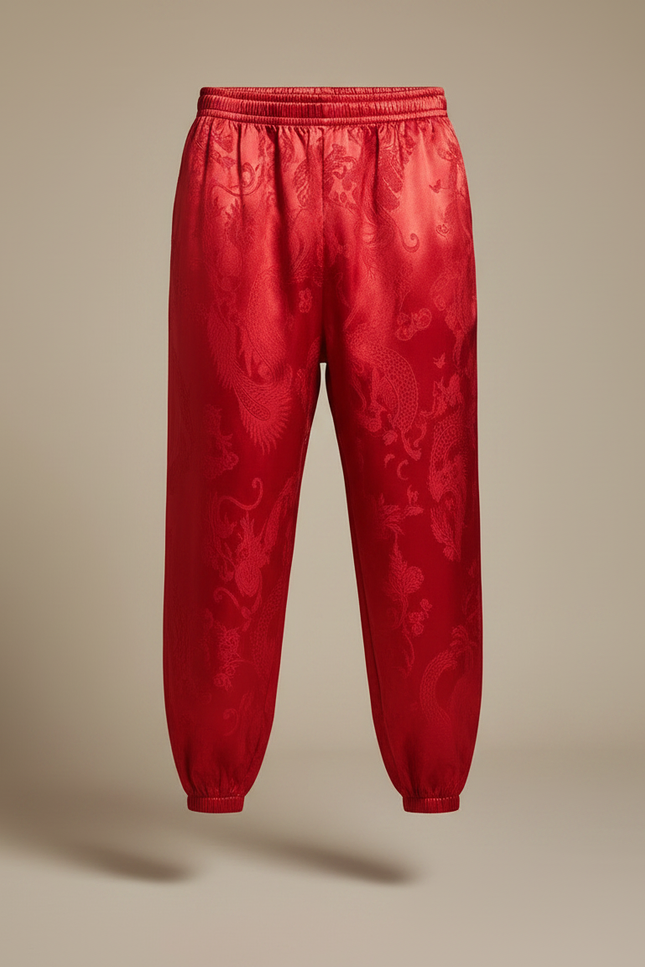 Pantalon Chinois Rouge Soie Dragon Ample Homme - vue 3