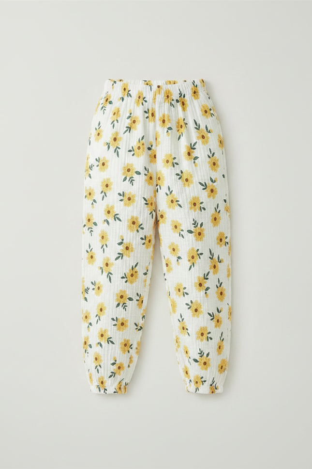 Pantalon Chinois Blanc Mousseline Fleuri Enfant Décontracté - Imprimé Coton - vue 3