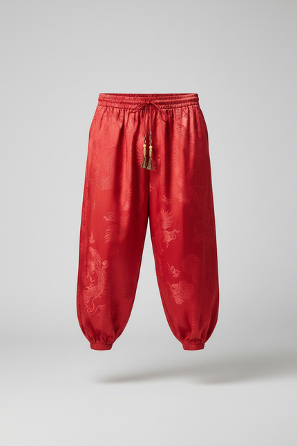 Pantalon Chinois Rouge Satin Dragon Ample Homme - vue 3