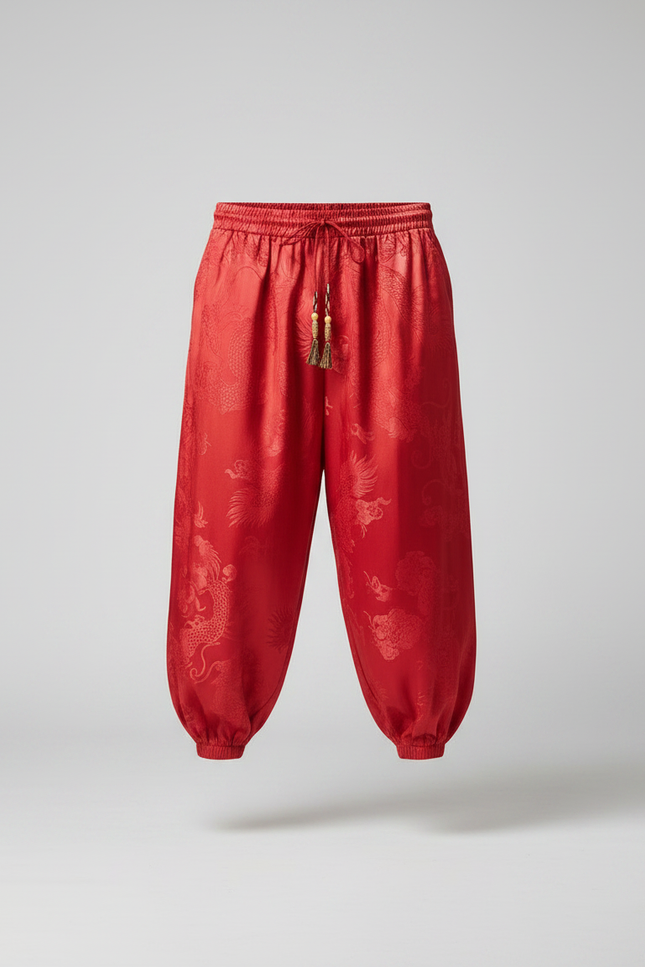 Pantalon Chinois Rouge Satin Dragon Ample Homme - vue 3