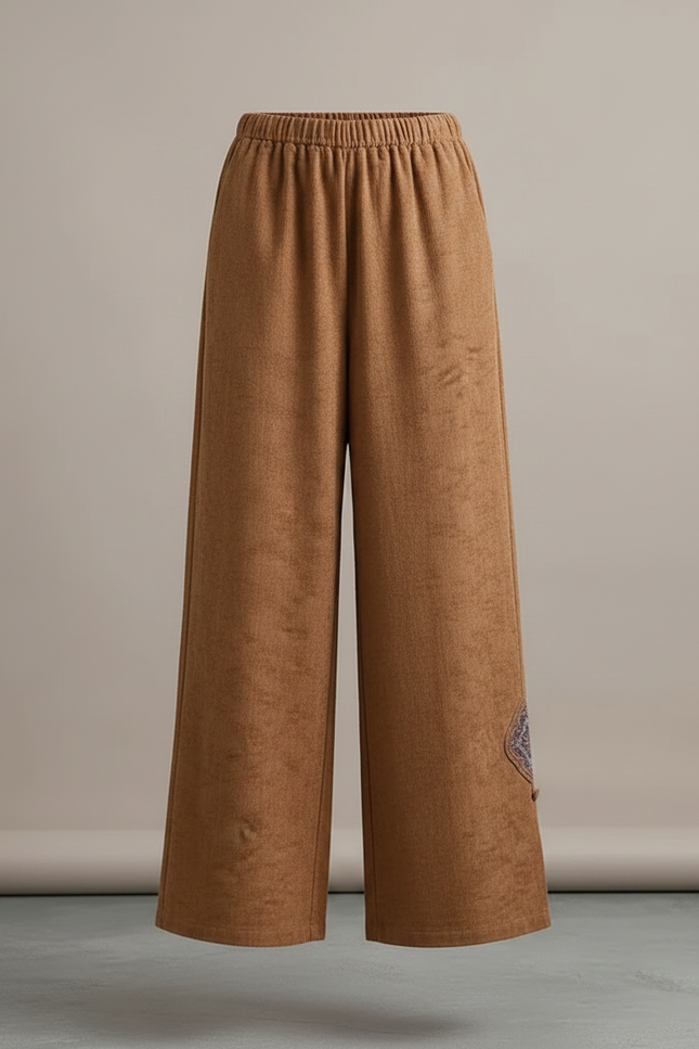 Pantalon Chinois Marron Ample Brodé Fendu Décontracté - Cordé - vue 3
