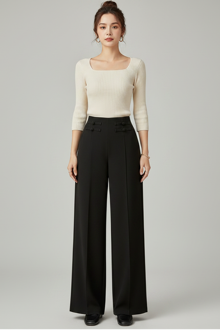 Pantalon Chinois Noir Ample Taille Haute Élégant - Polyester - vue 3