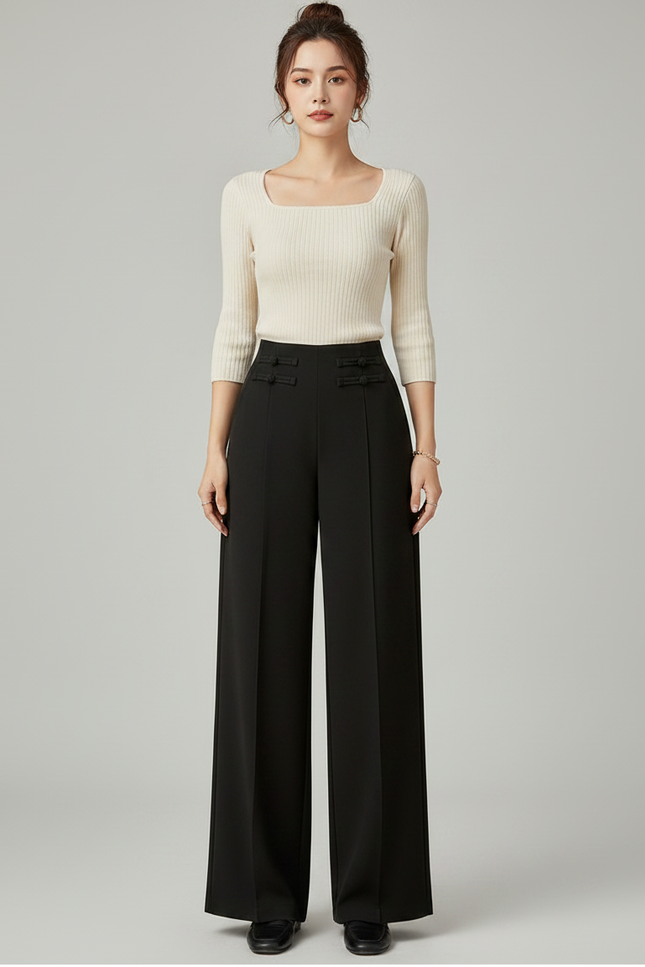 Pantalon Chinois Noir Ample Taille Haute Élégant - Polyester - vue 3