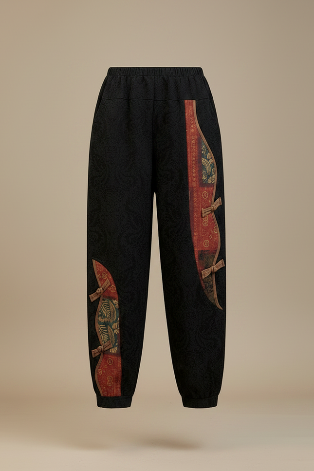 Pantalon Chinois Noir Brodé Harem Décontracté Femme - Coton - vue 3
