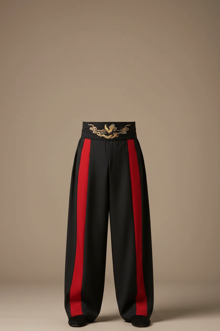 Pantalon Chinois Noir Rouge Ample Brodé Dragon - Gabardine - vue 3