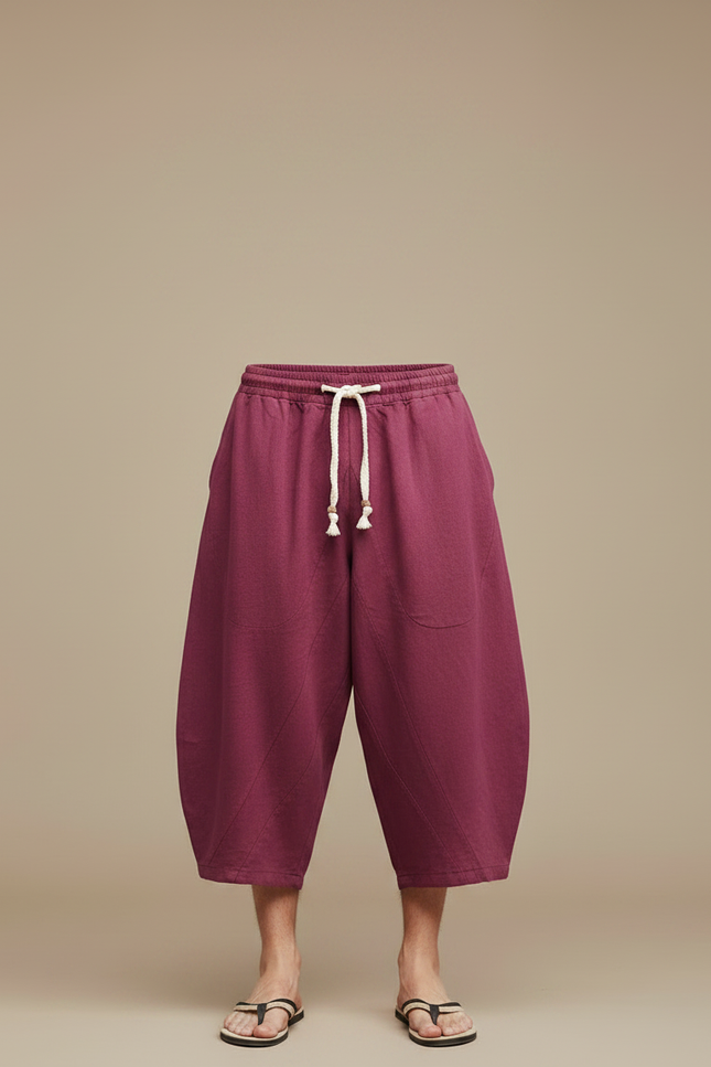 Pantalon Chinois Bordeaux Ample Lin Décontracté Cordon - vue 3