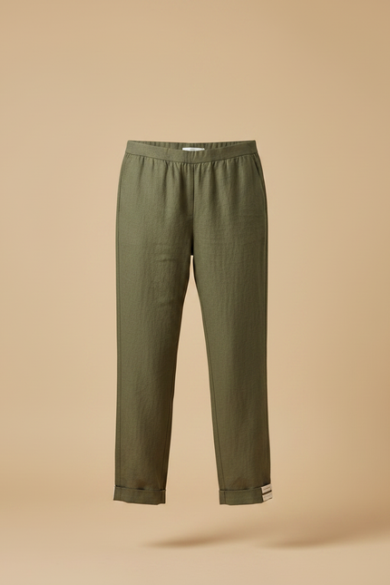 Pantalon Chinois Vert Kaki Coton Ample Décontracté Femme - Lin - vue 3