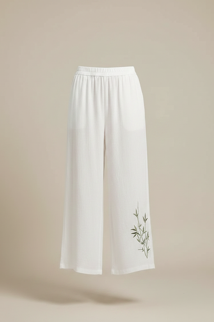 Pantalon Chinois Blanc Lin Ample Brodé Bambou - vue 3
