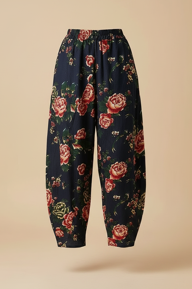 Pantalon Chinois Harem Fleuri Lin Coton Rétro Ample - Marine - vue 3