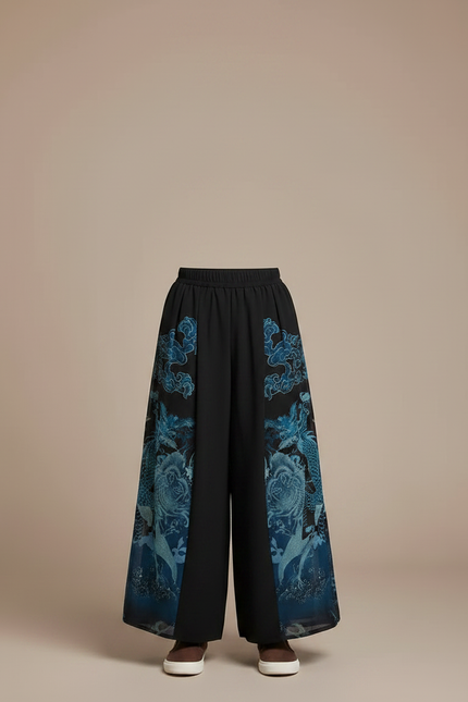 Pantalon Chinois Noir Ample Imprimé Dragon Fluide - Polyester - vue 3
