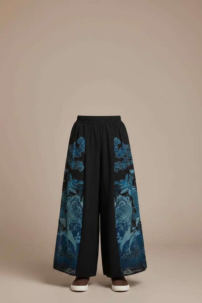 Pantalon Chinois Noir Ample Imprimé Dragon Fluide - Polyester - vue 3