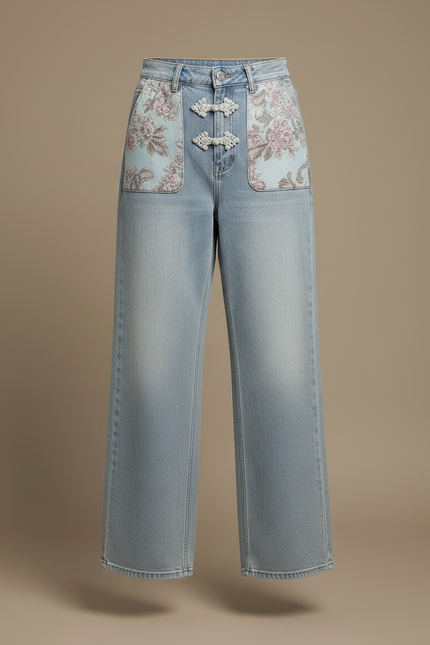 Pantalon Chinois Jean Brodé Taille Haute Femme - Bleu - vue 3