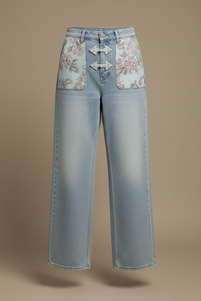 Pantalon Chinois Jean Brodé Taille Haute Femme - Bleu - vue 3