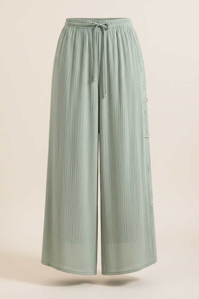 Pantalon Chinois Vert Ample Plissé Brodé Tencel - Viscose - vue 3