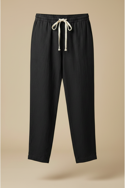 Pantalon Chinois Noir Décontracté Coton Ample Avec Cordon - Lin - vue 3