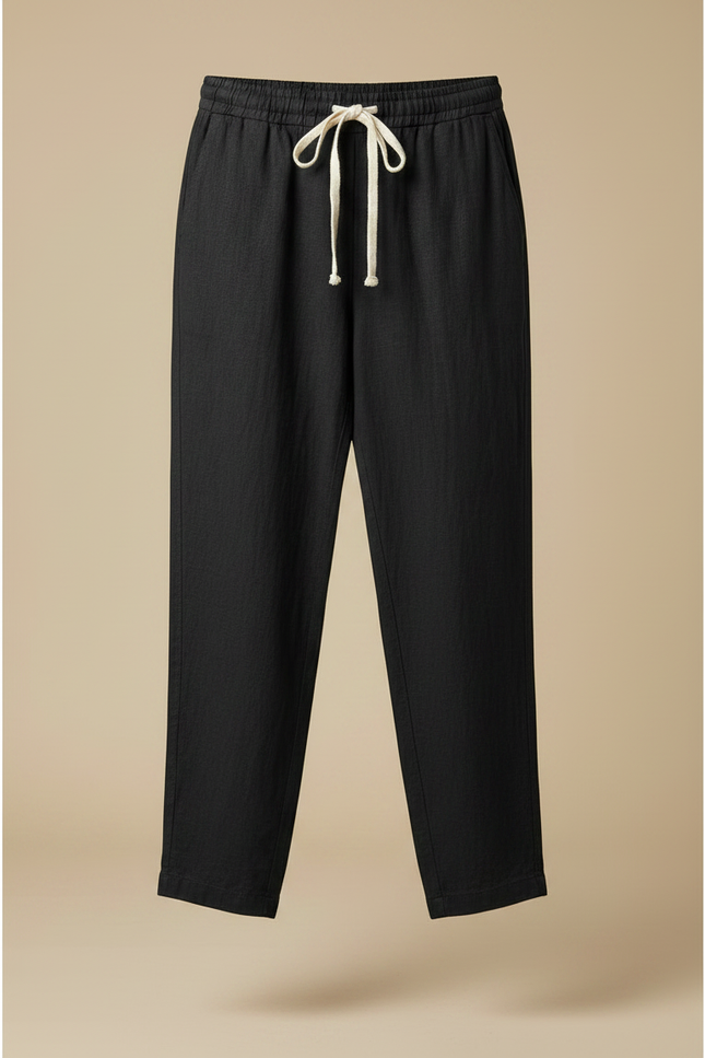 Pantalon Chinois Noir Décontracté Coton Ample Avec Cordon - Lin - vue 3