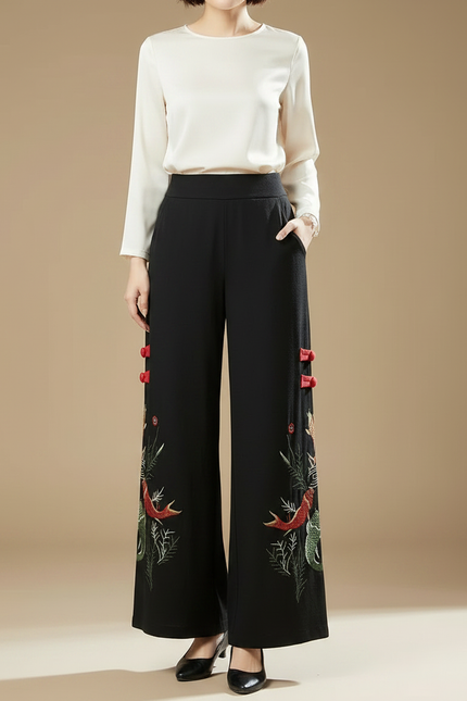 Pantalon Chinois Noir Brodé Ample Fluide Ethnique - Polyester - vue 3