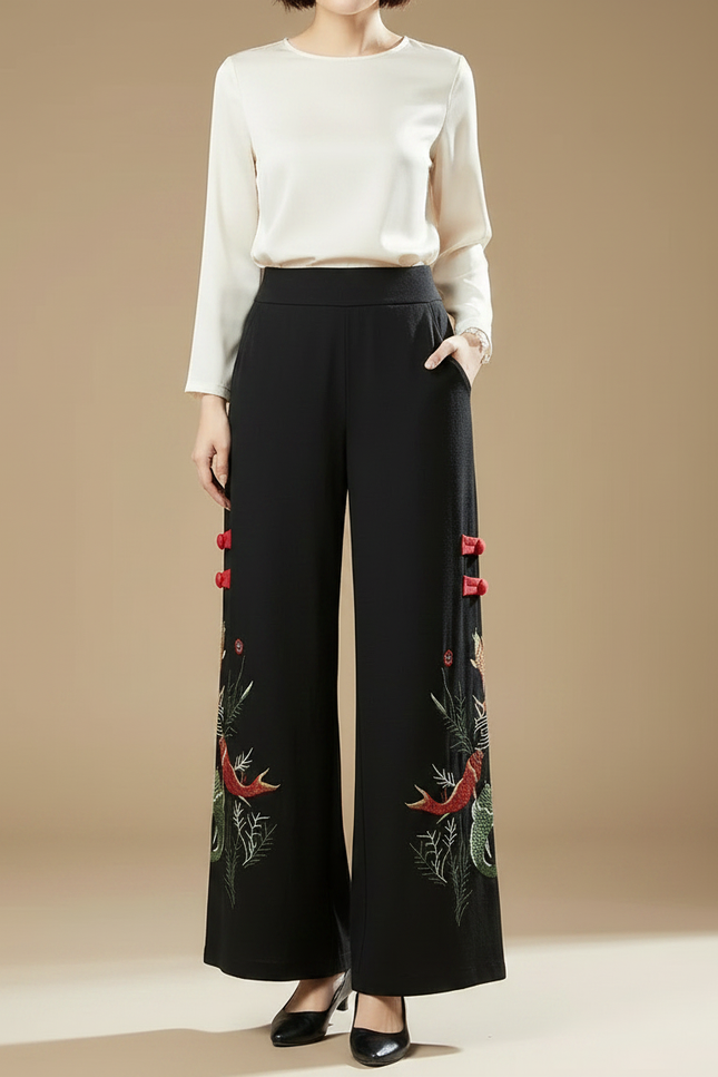 Pantalon Chinois Noir Brodé Ample Fluide Ethnique - Polyester - vue 3