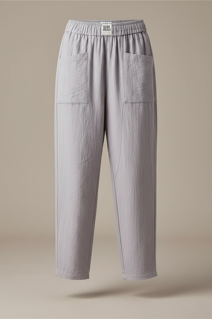 Pantalon Chinois Gris Ample Coton Lin Décontracté Uni - vue 3