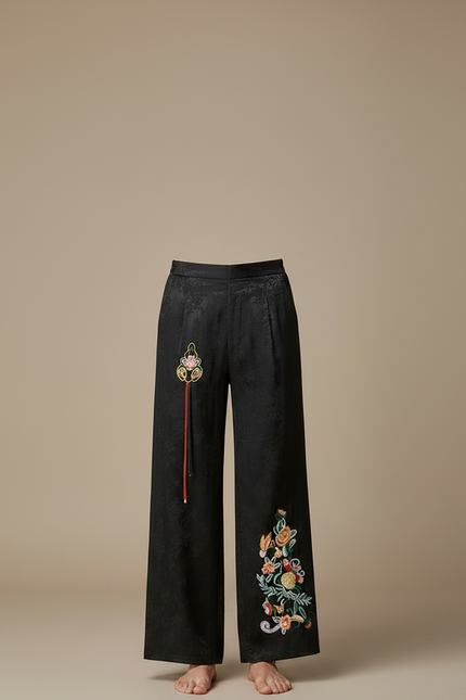 Pantalon Chinois Noir Brodé Ample Jacquard Ethnique - Soie - vue 3