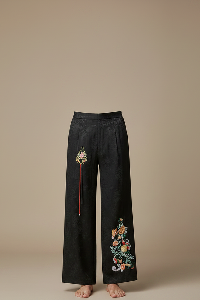 Pantalon Chinois Noir Brodé Ample Jacquard Ethnique - Soie - vue 3