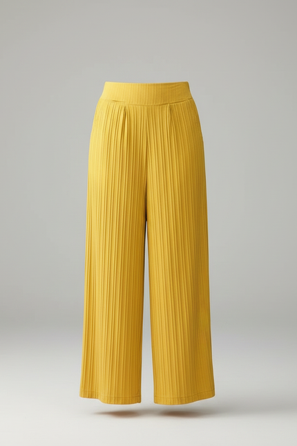 Pantalon Chinois Jaune Plissé Ample Taille Haute - Maille - vue 3