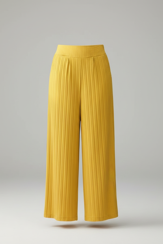 Pantalon Chinois Jaune Plissé Ample Taille Haute - Maille - vue 3