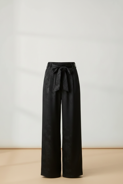 Pantalon Chinois Noir Satiné Ample Fluide Jacquard - vue 3