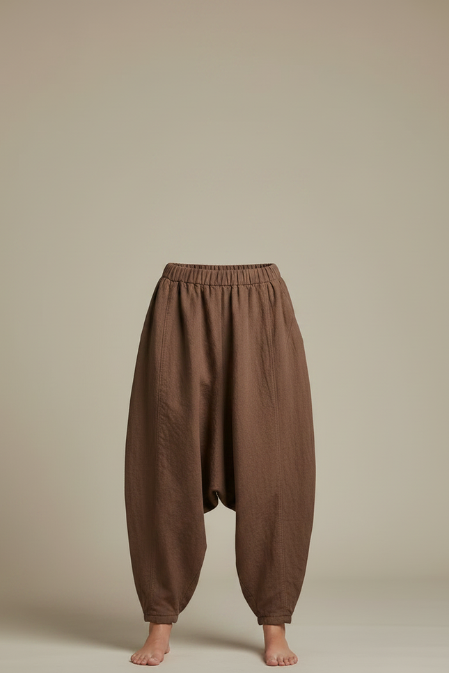 Pantalon Chinois Marron Ample Coton Lin Harem Femme - vue 3