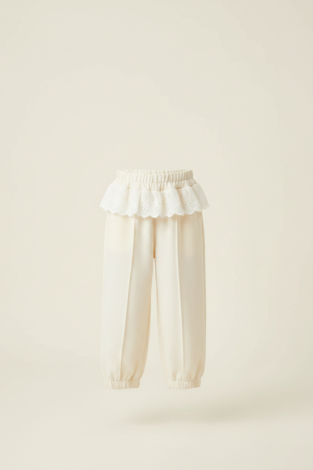 Pantalon Chinois Écru Fluide Ample Brodé Enfant - Beige Viscose - vue 3