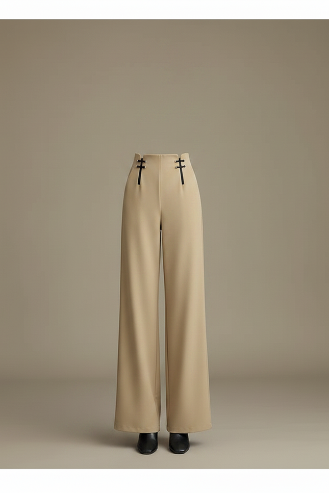 Pantalon Chinois Beige Ample Taille Haute Fluide Femme - Polyester - vue 3