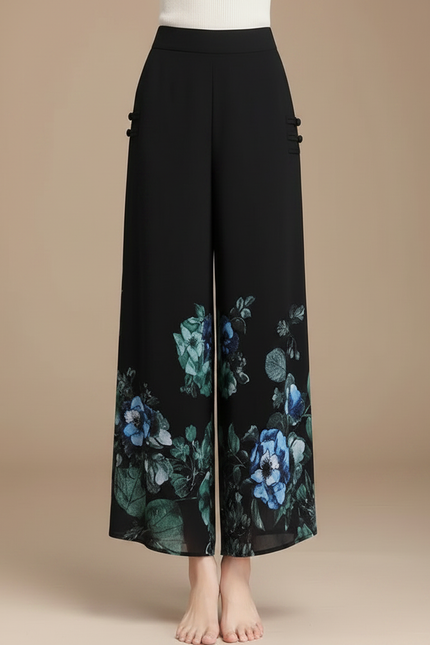 Pantalon Chinois Noir Floral Fluide Évasé Femme - Polyester - vue 3
