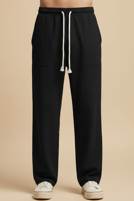 Pantalon Chinois Noir Ample Coton Lin Décontracté - vue 3